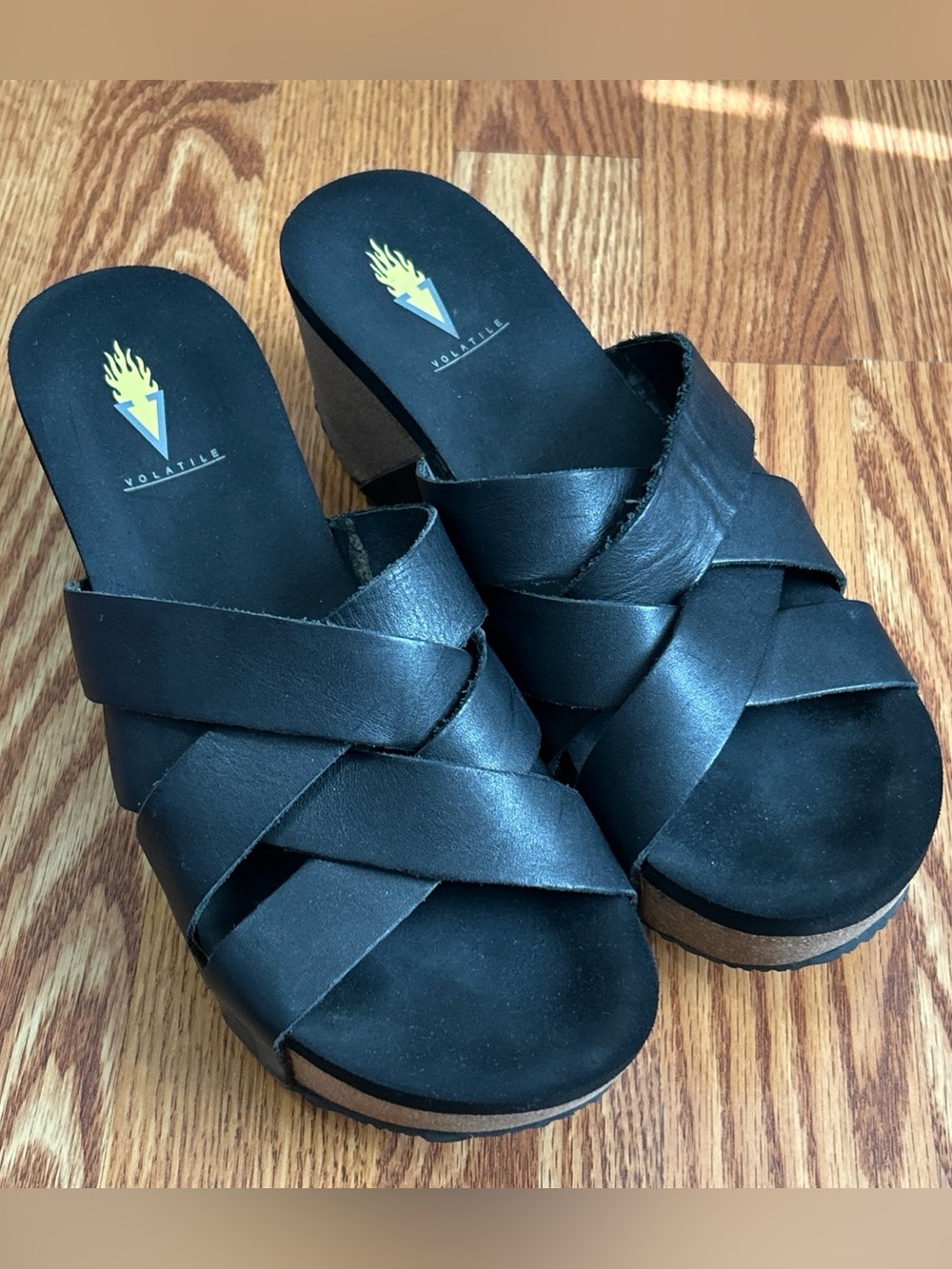 Volatile Solid Black Leather Slip-On Platform Wedge Sandals Y2K 90s Style Size 8